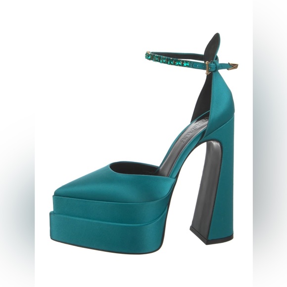 VERSACE Aevitas Teal Crystal-Embellished Platform Block Heel Pumps Size EU38.5 - Picture 3 of 4